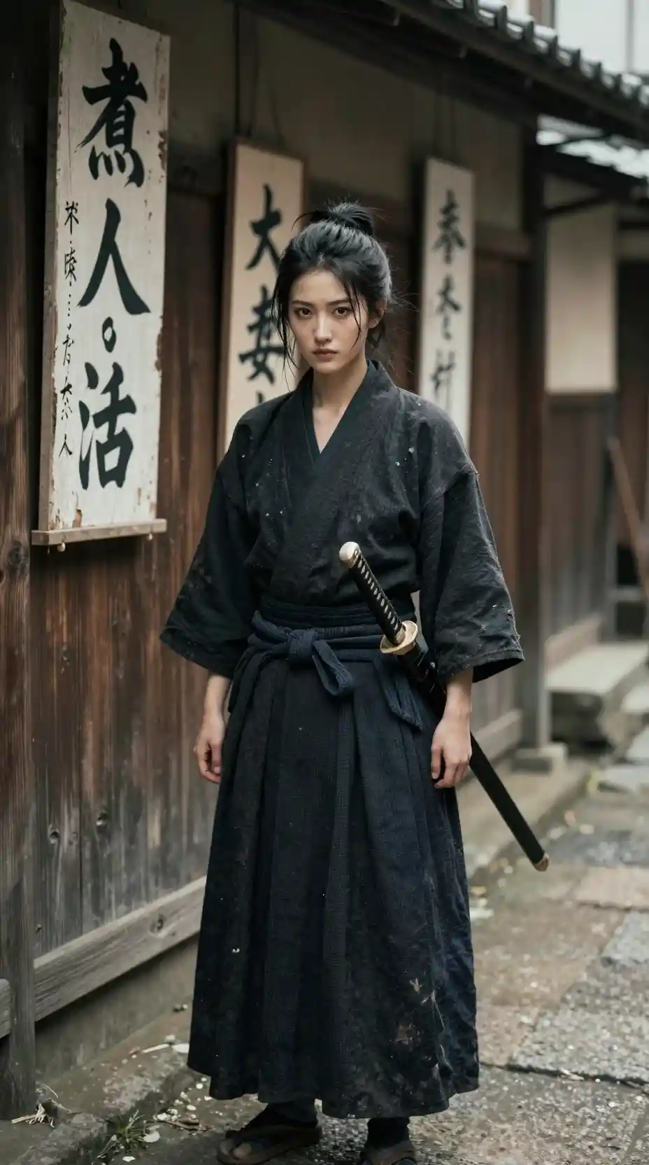 Young female ronin in a narrow weathered Japanese alley