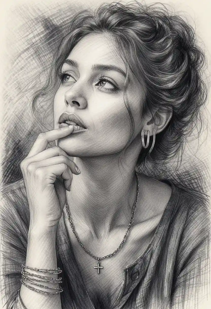 Thoughtful woman portrait in detailed pen cross hatching