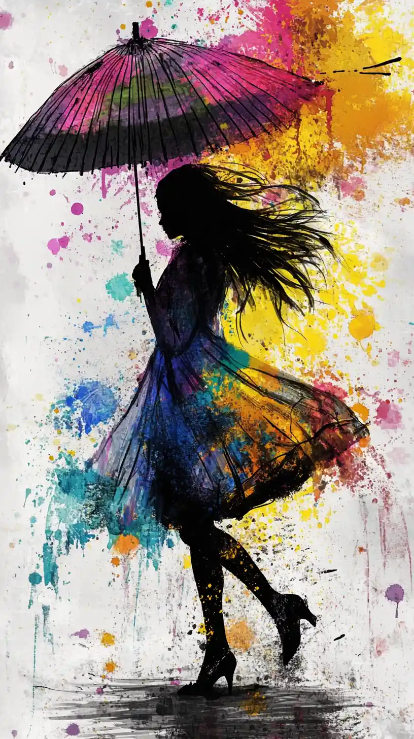 Elegant woman walking with colorful ink and watercolor splashes