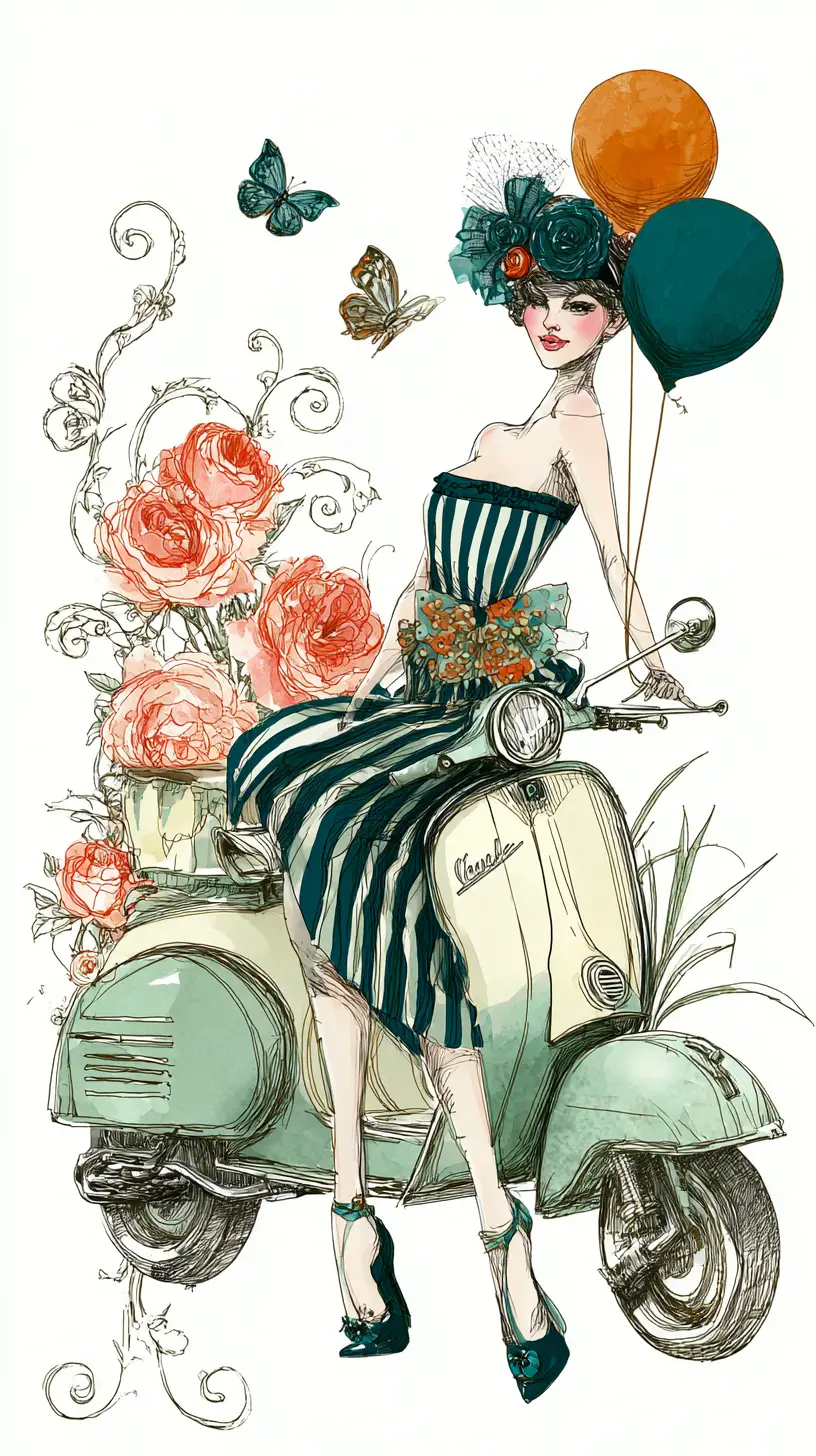 Elegante Frau auf Vintage-Roller mit Rosen und Luftballons