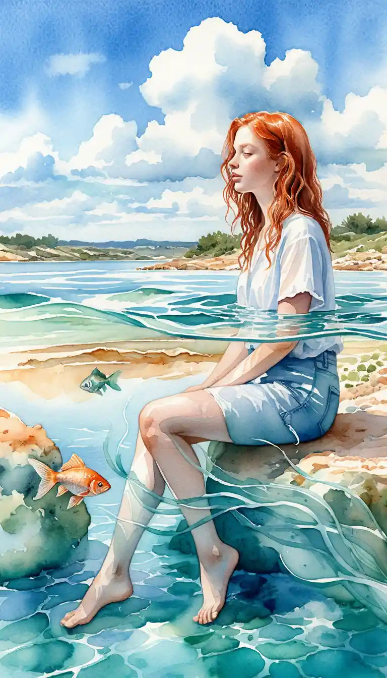 Red haired girl dreaming in turquoise split water scene
