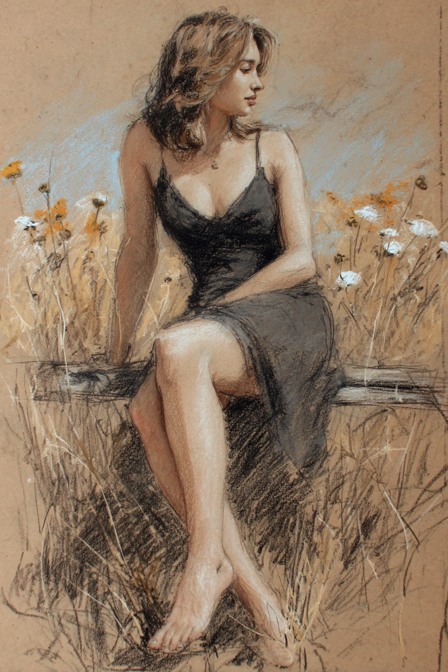 Woman sitting on wooden beam in a wildflower field