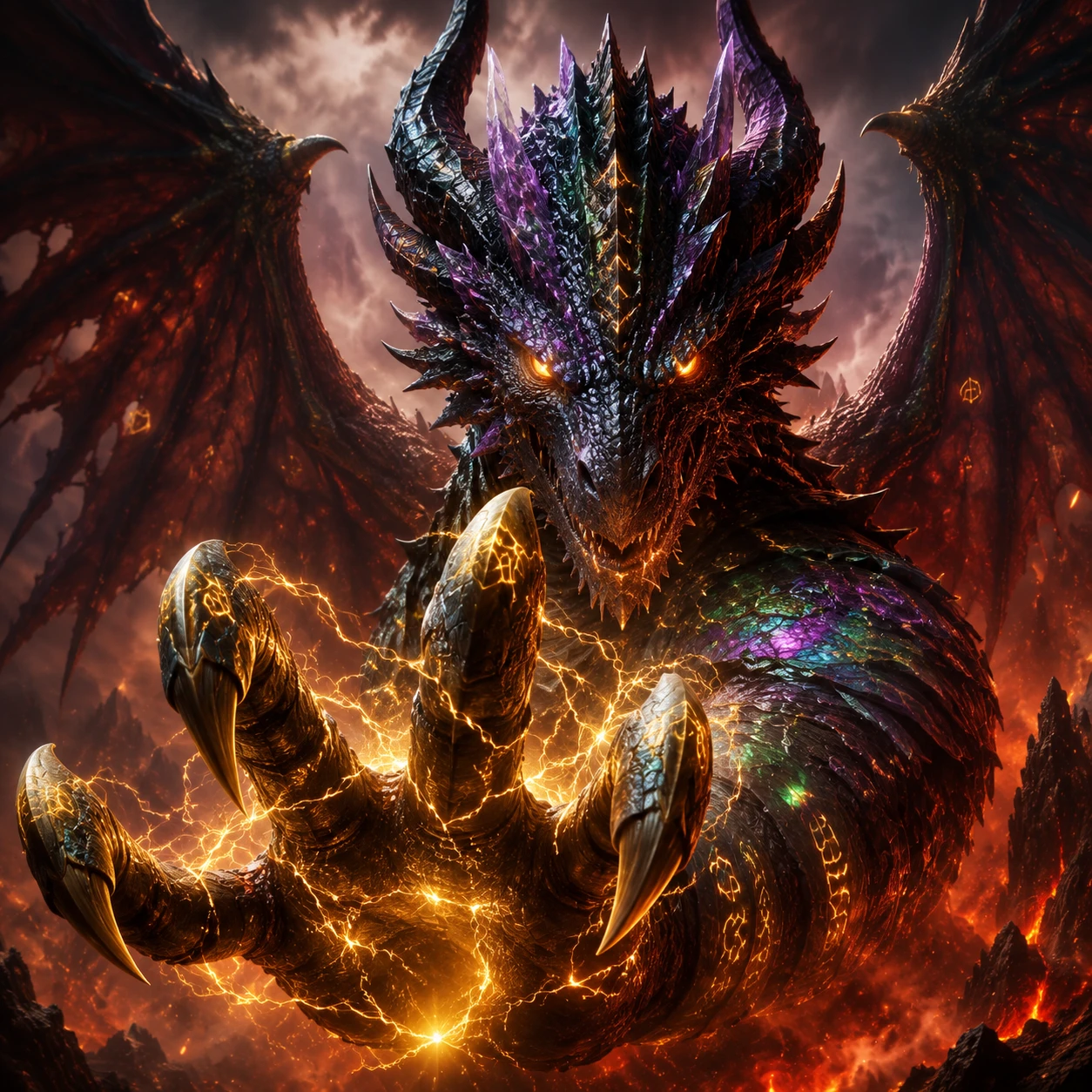 Ancient dragon reaching through volcanic ash and fire