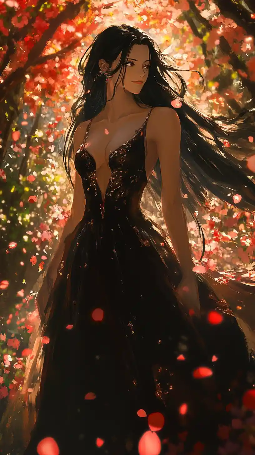 Elegant anime woman in black gown in glowing garden