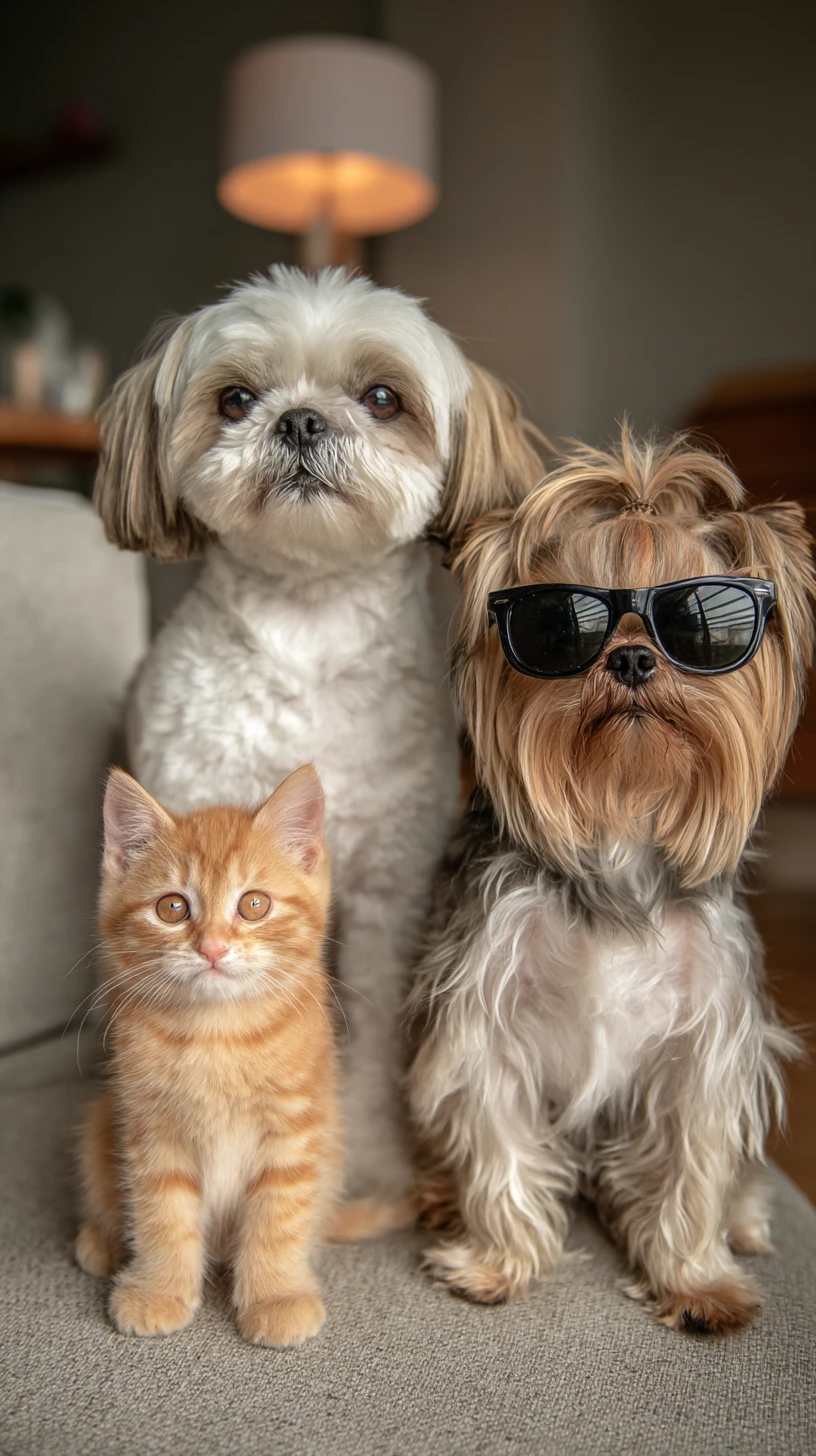 Playful kitten in sunglasses beside two angry small dogs