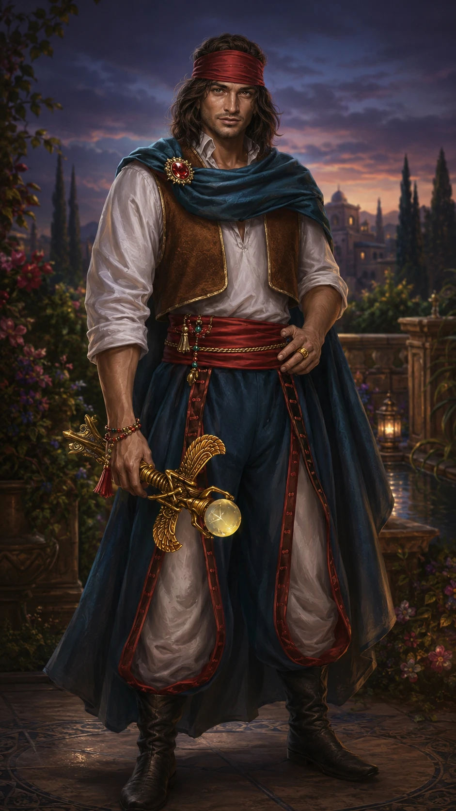 Fantasy portrait of a confident Mediterranean man in a garden