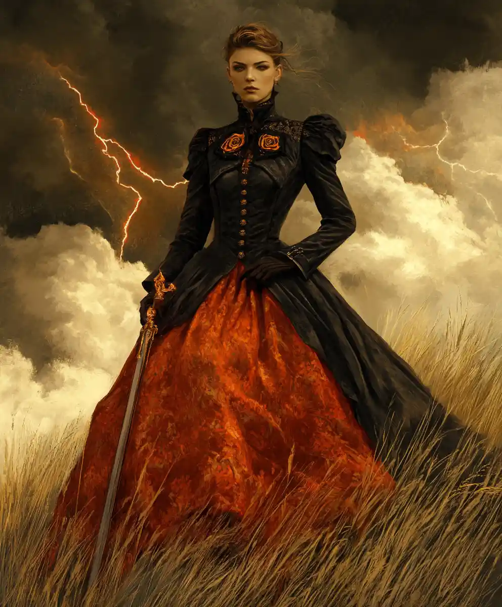 Armed western woman standing alone in a rugged landscape