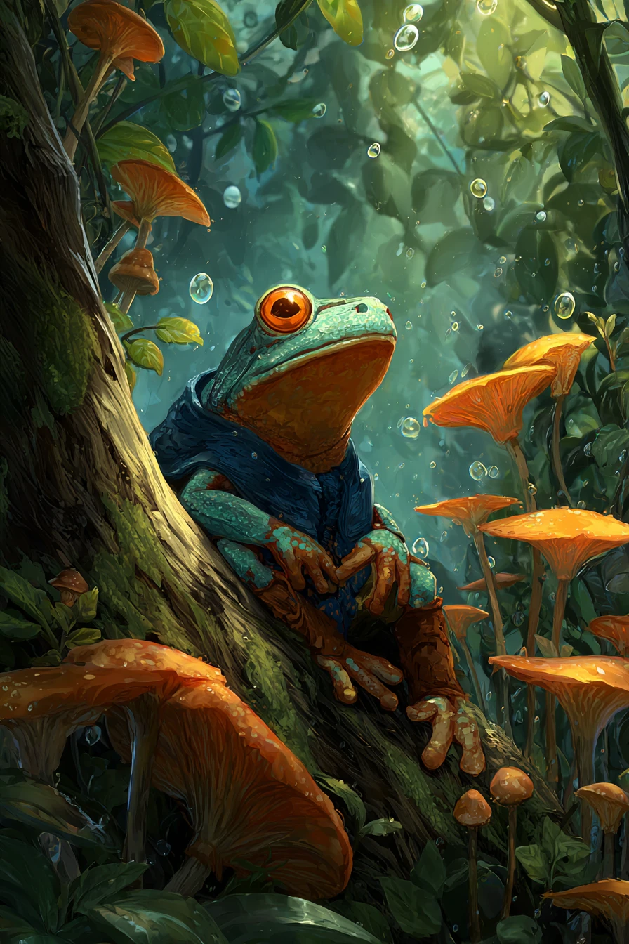 Contemplative Green Frog On Tree Trunk In Enchanted Forest