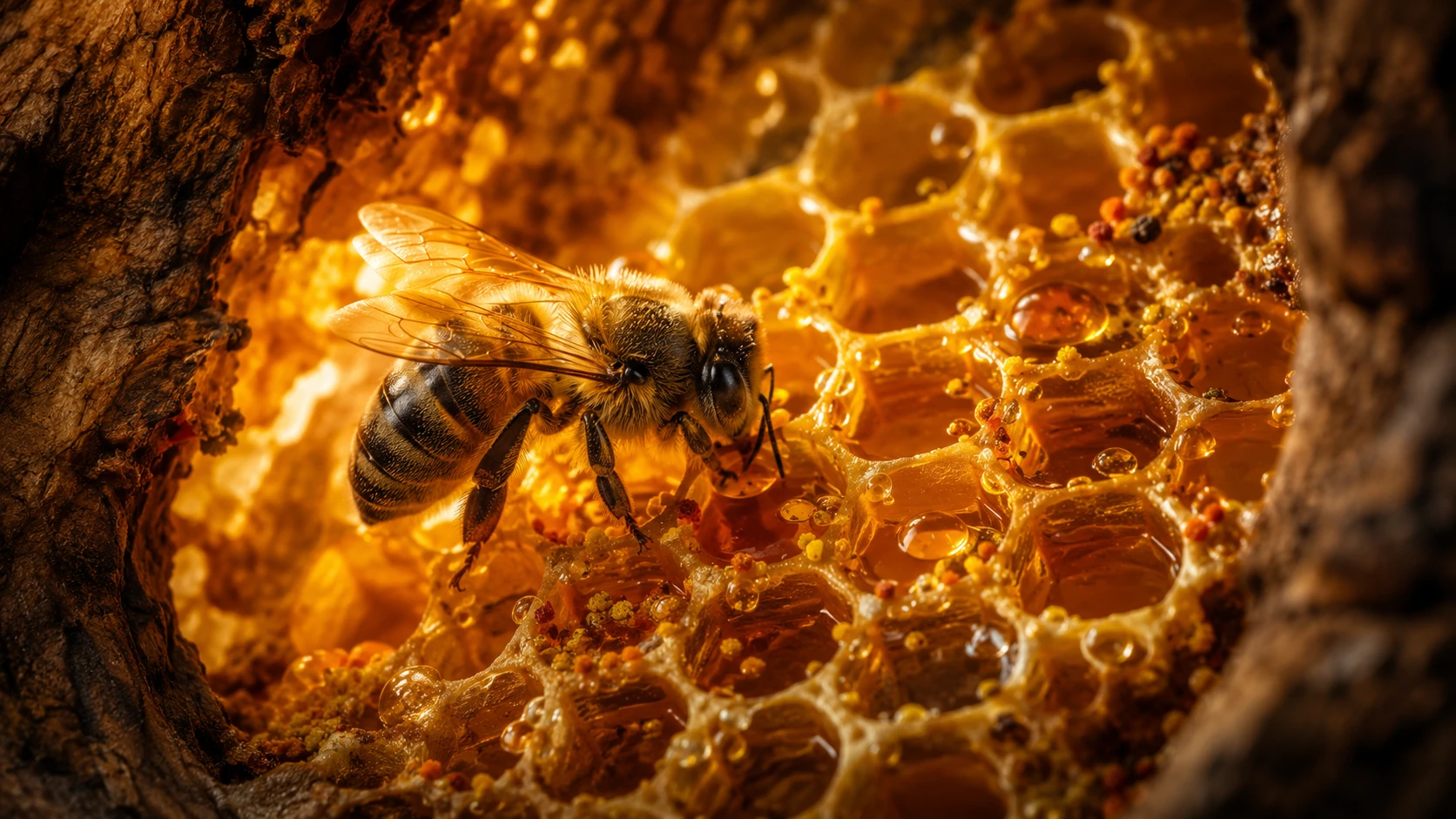 Close up bee working on glowing honeycomb in tree
