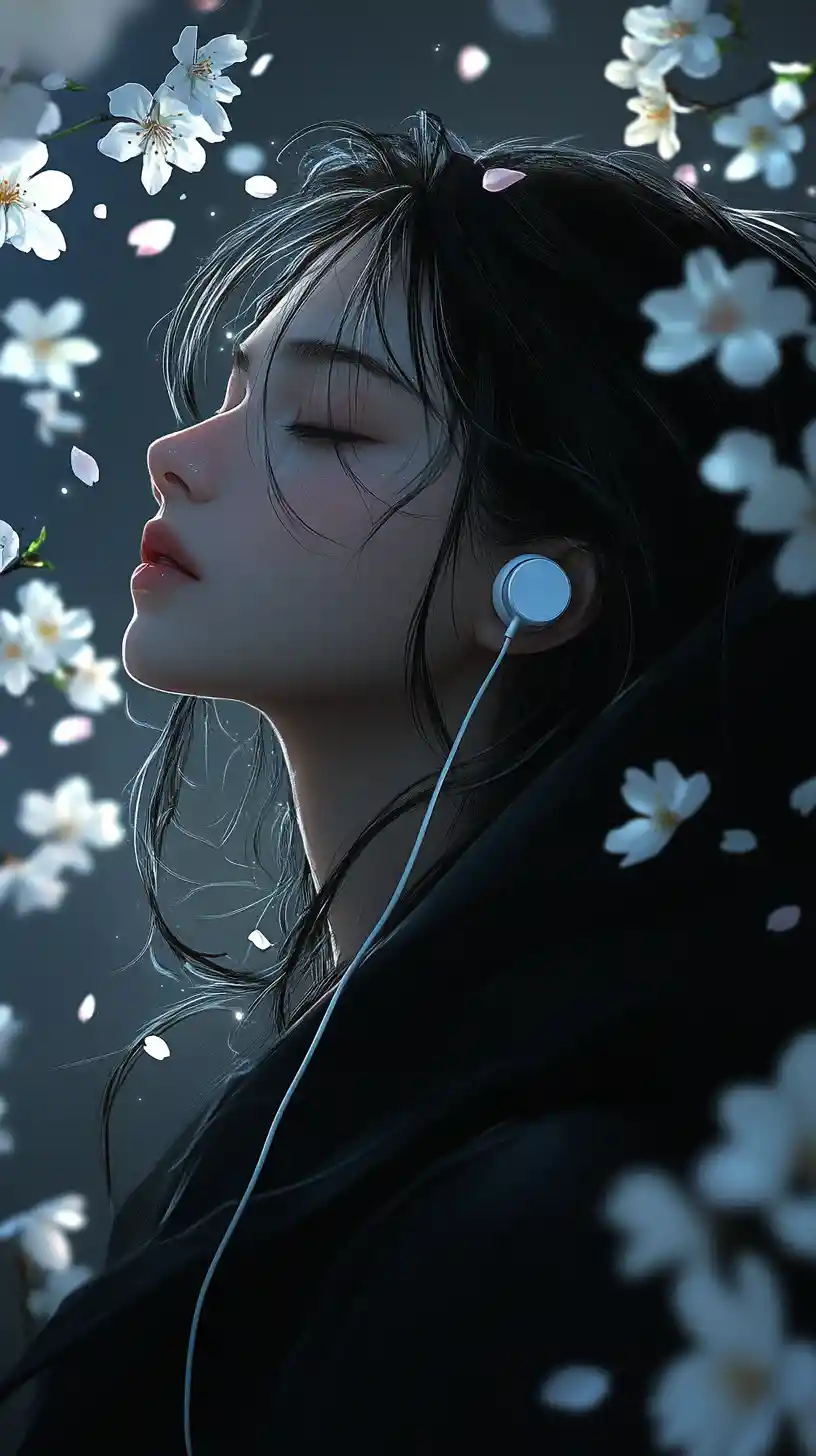 Anime girl in headphones with glowing cherry blossom petals