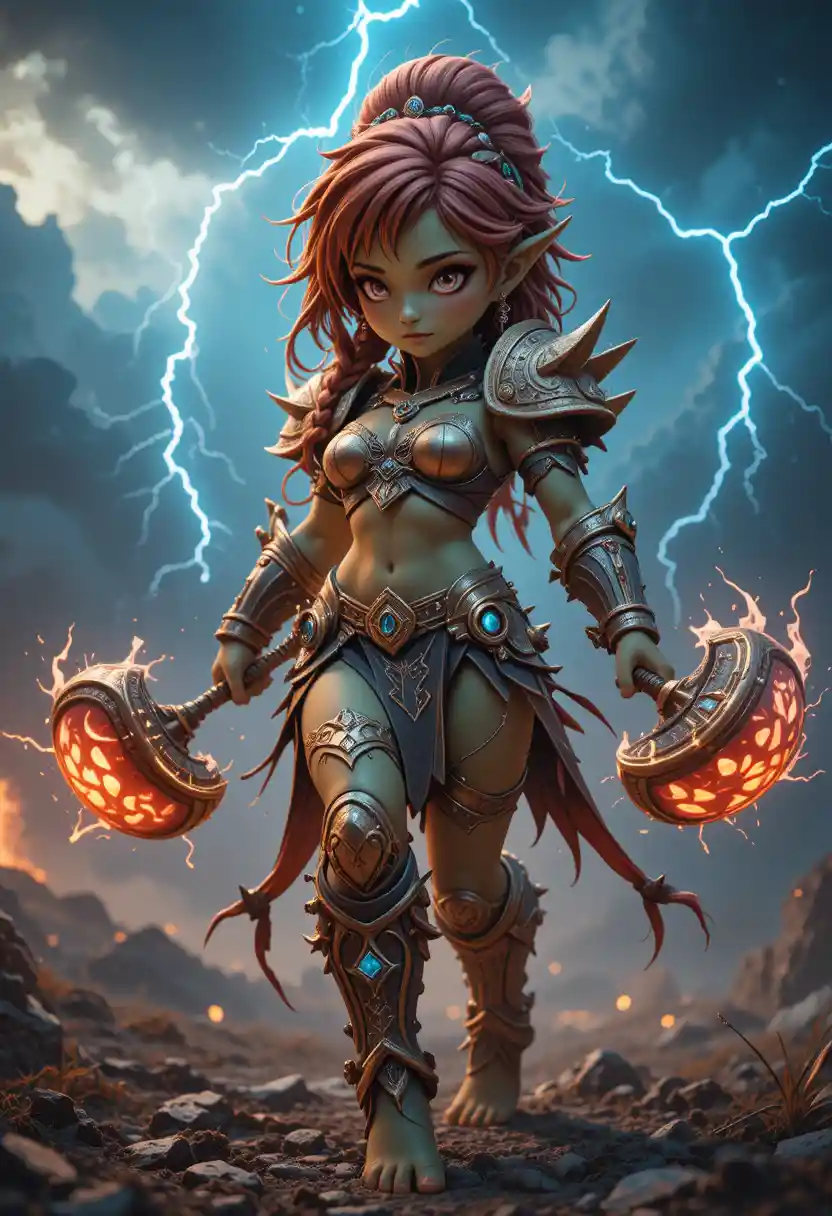 Cute chibi female warrior in glowing battle stance