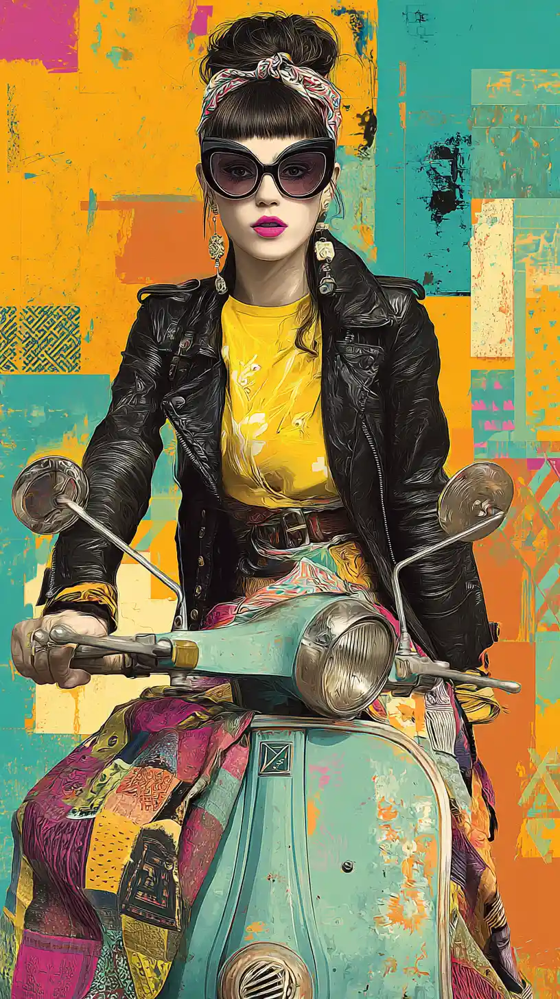 Pop art woman on vintage scooter in abstract colors