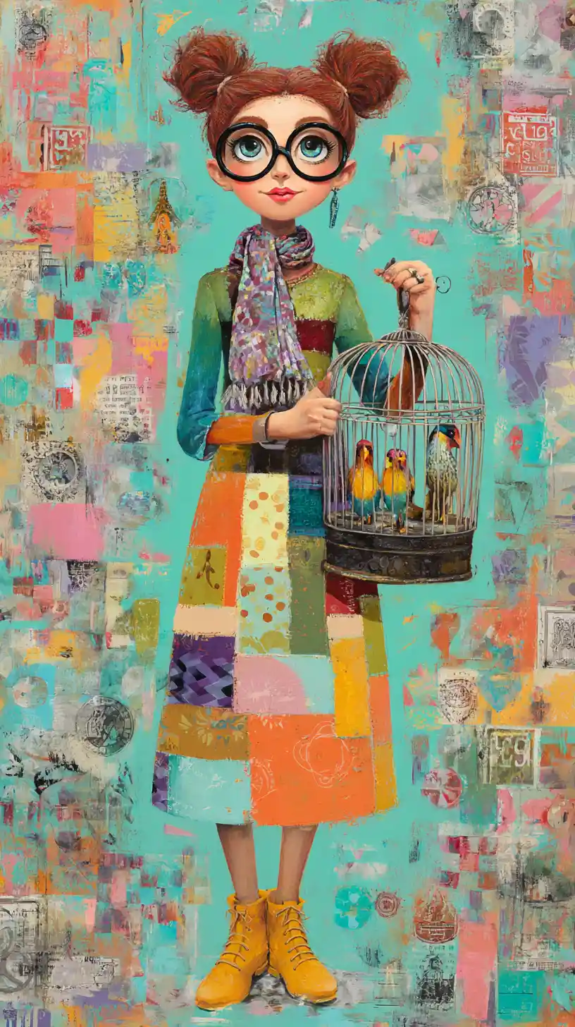 Whimsical woman with birdcage in colorful mixed media collage