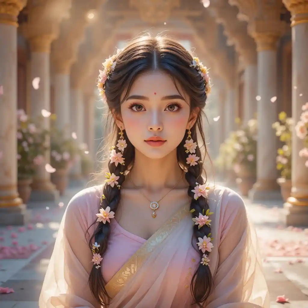 Graceful anime girl in floral braids at sunlit temple