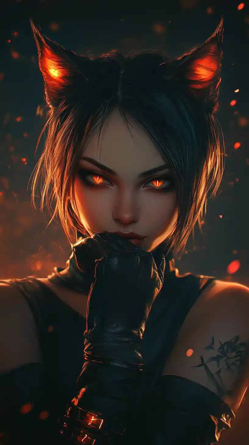 Edgy cat girl portrait with glowing backlit eyes