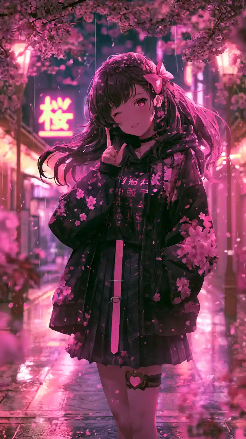 Anime girl in hoodie on neon lit rainy city street