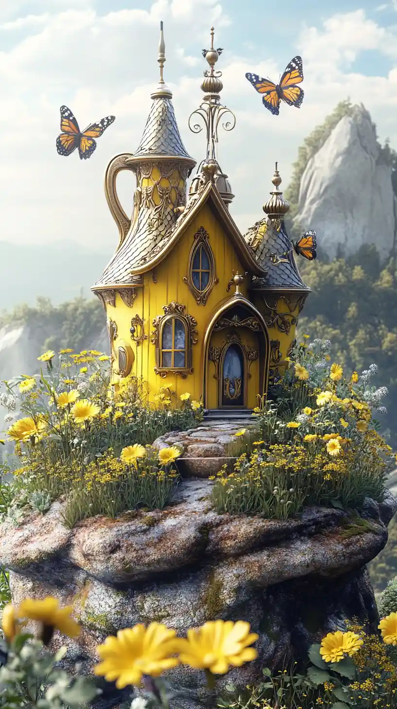 Whimsical yellow kettle house in a lush fantasy garden