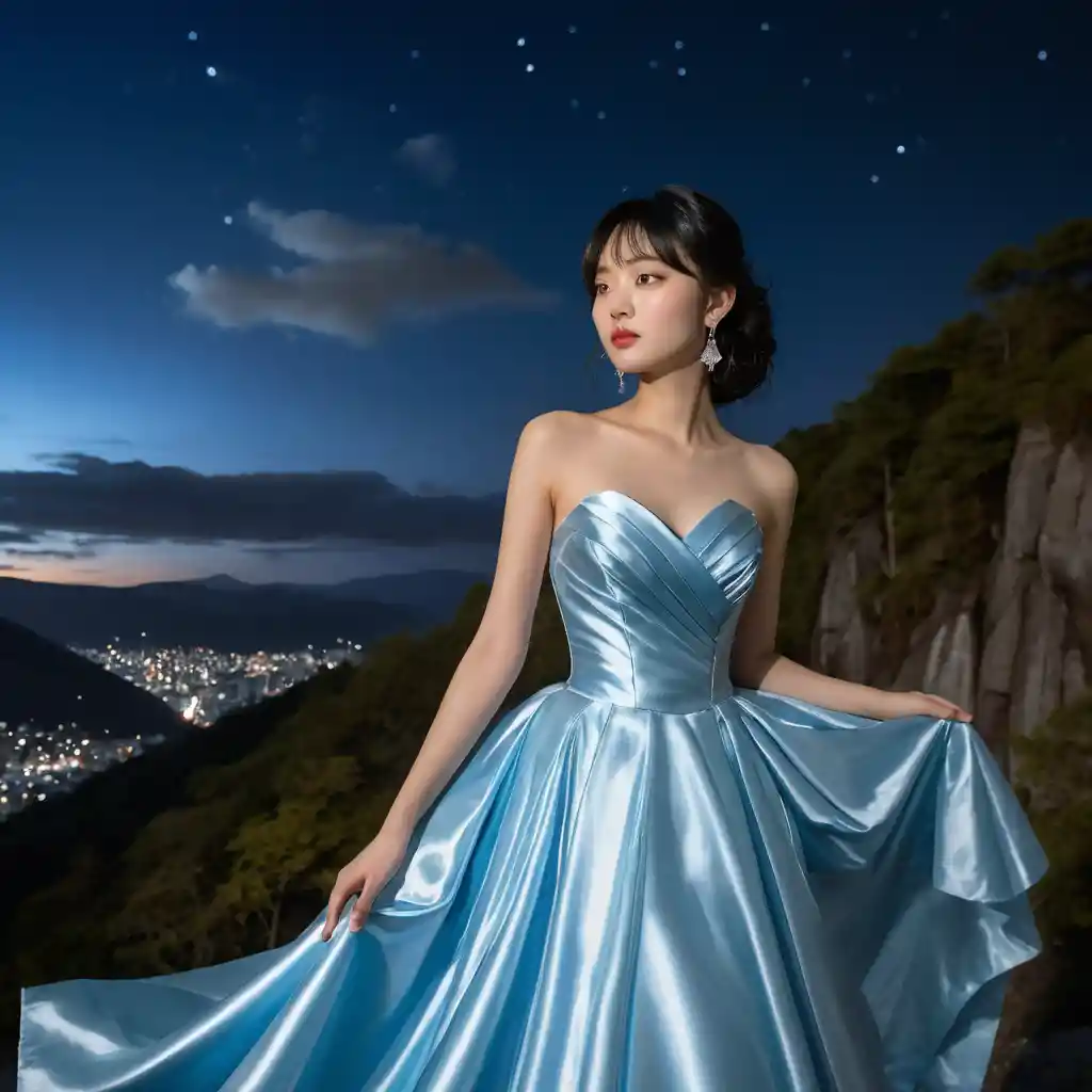 Elegant woman in blue satin gown on mountain night