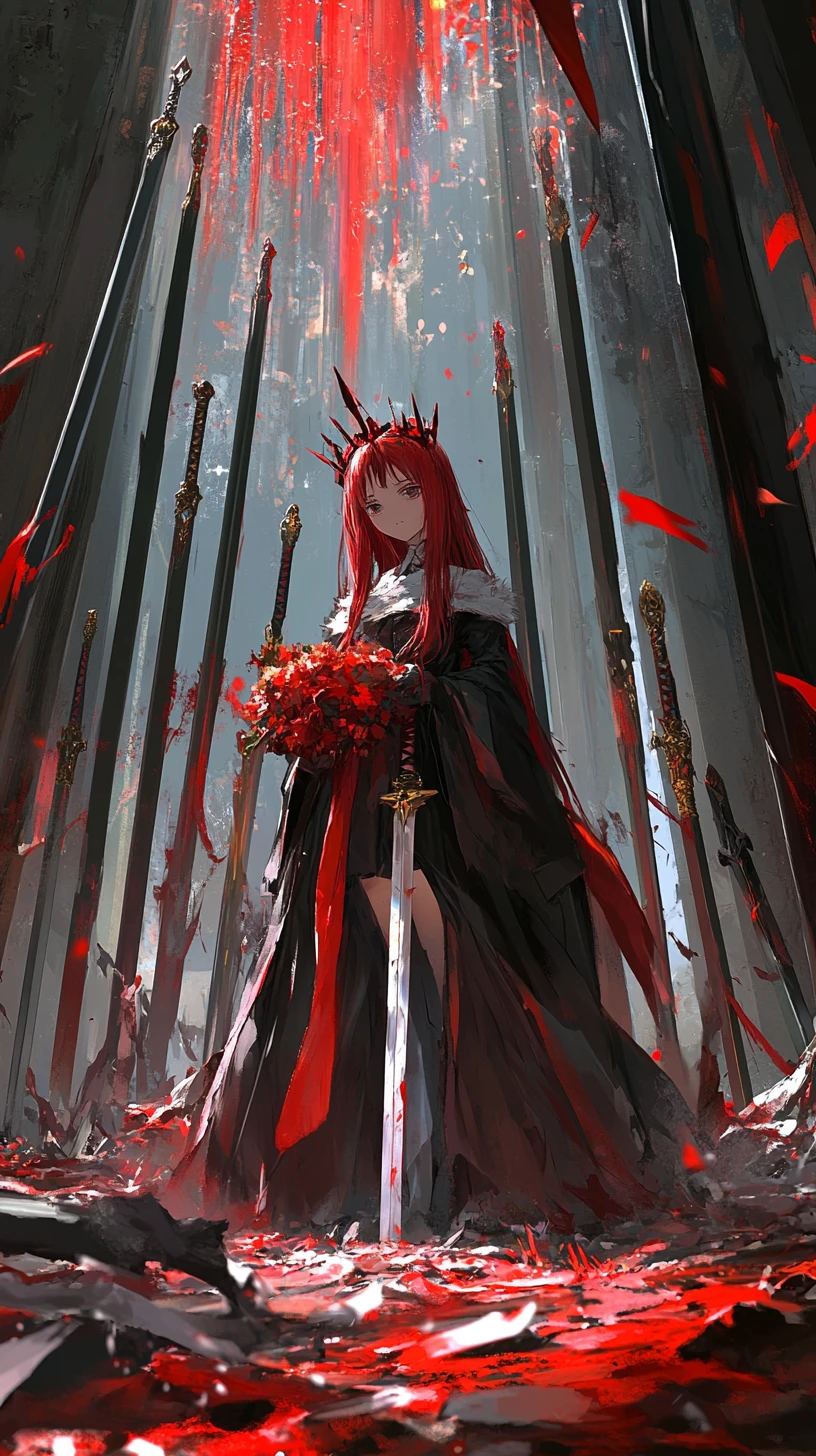 Sad girl walking through a field of ghostly swords