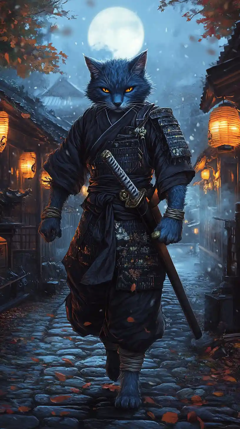 Blue feline samurai walking through misty moonlit village