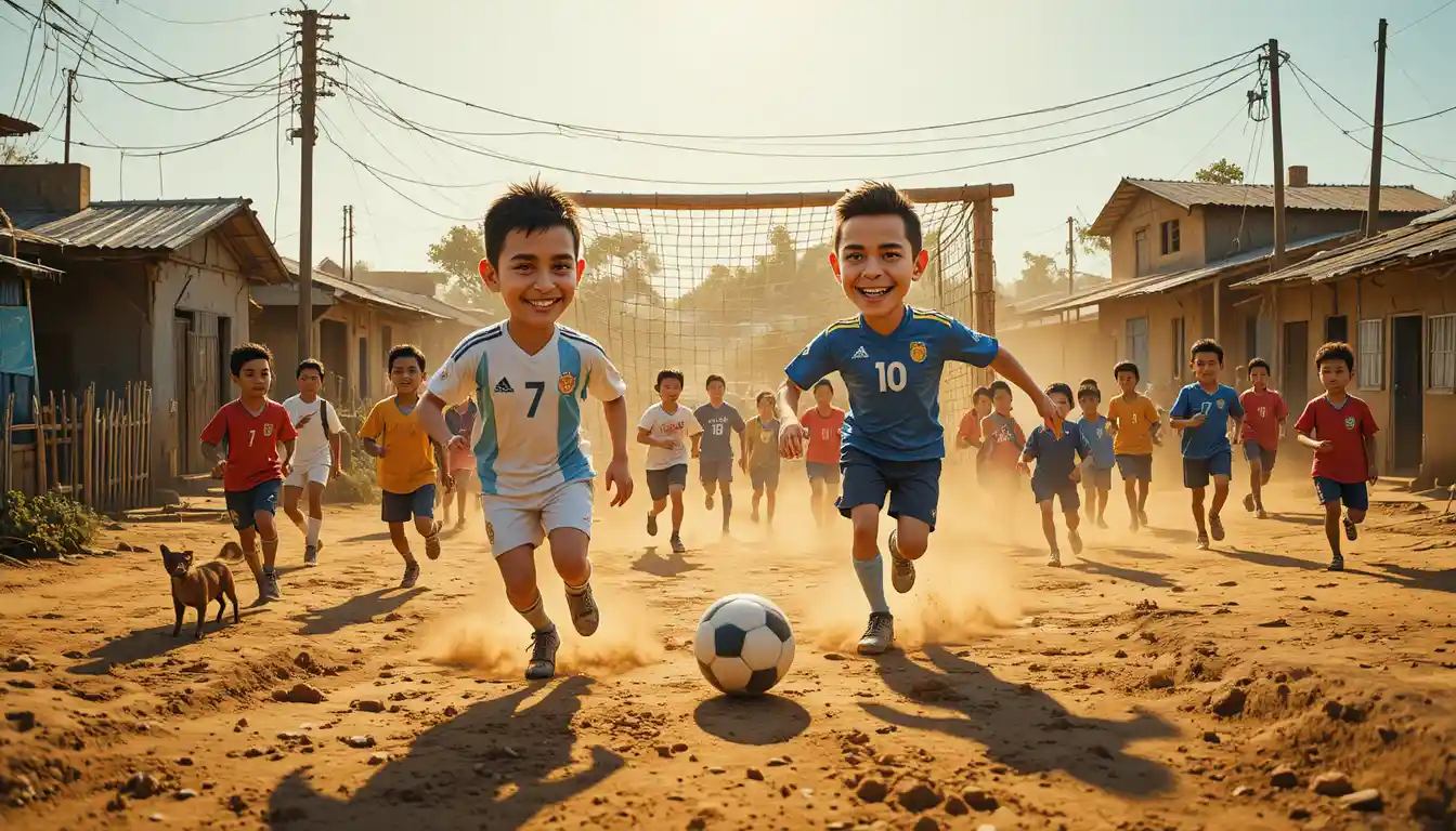 Children playing soccer with pros on a dusty village field