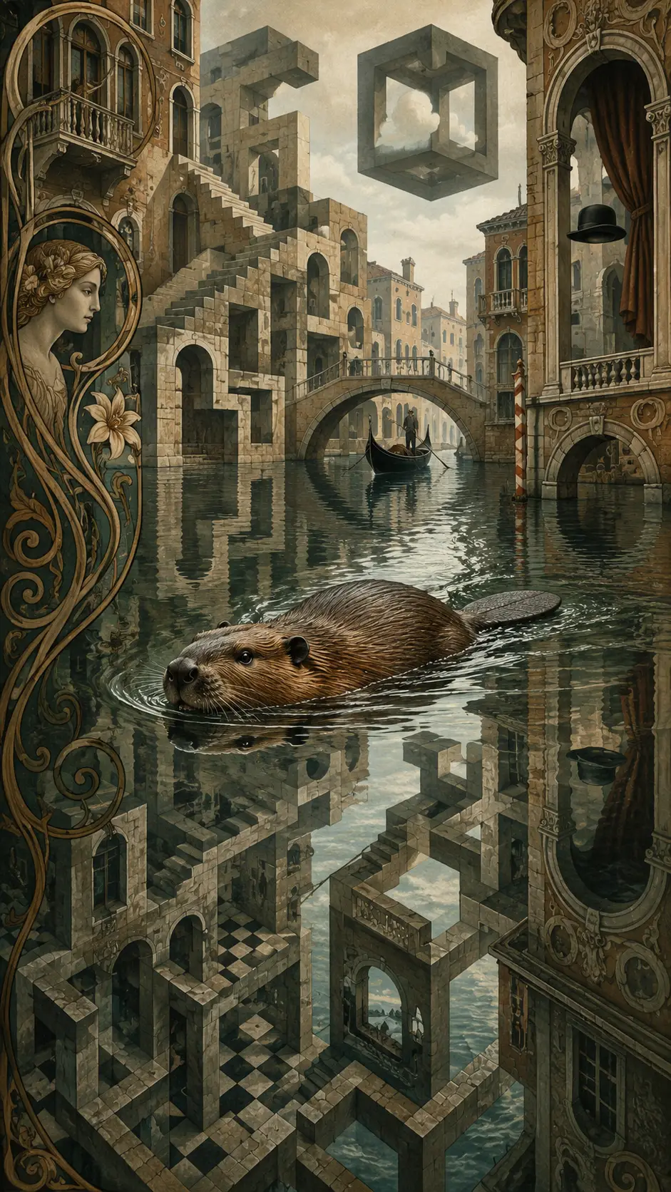 Surrealer Biber schwimmt durch einen verzerrten venezianischen Kanal