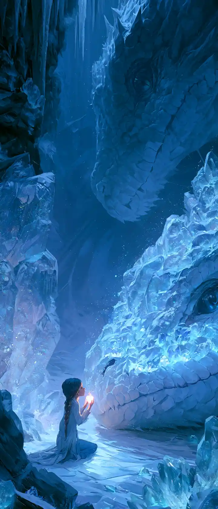 Anime girl offering her glowing heart to a dying dragon