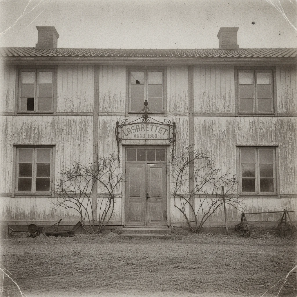 Vintage Swedish hospital interior in worn sepia tones