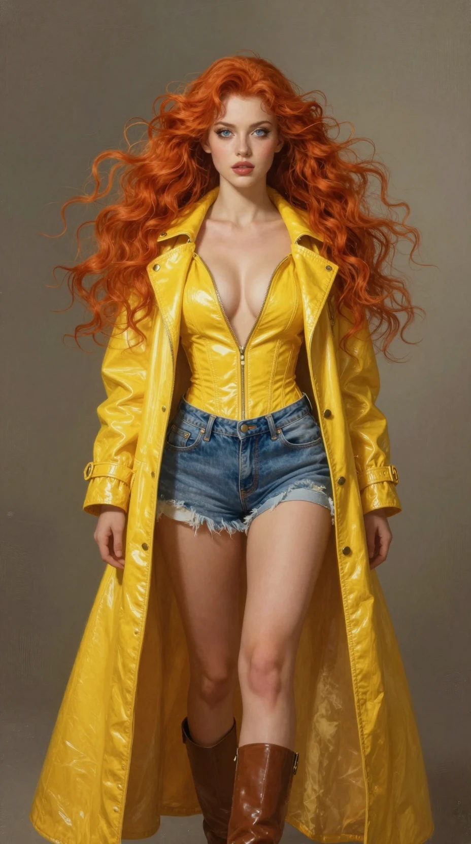 Confident redhead girl in yellow vest and denim shorts
