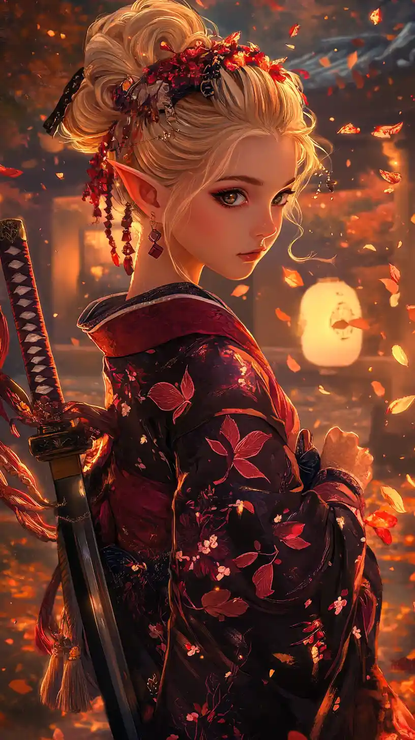 Blonde elf girl in kimono with katana in lantern lit garden