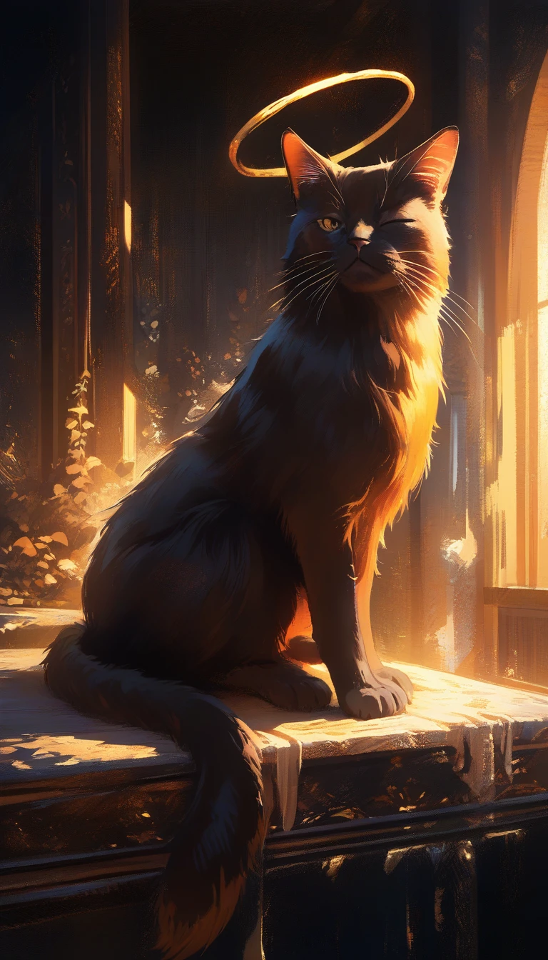 Black cat resting on a wooden ledge in warm backlight