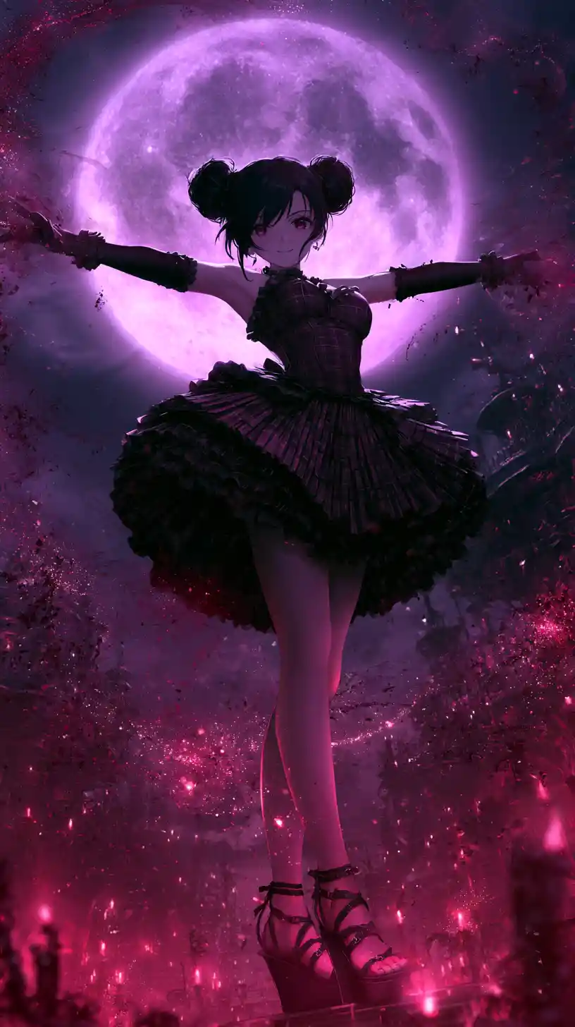Gothic anime sorceress under a glowing purple moon