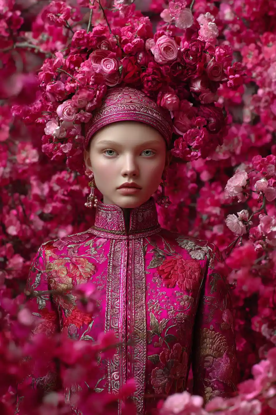 Young woman in red cherry blossoms and ornate silk kimono