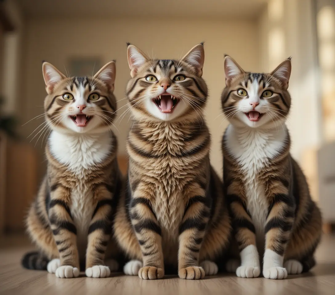 Three laughing tabby and white cats in a cozy indoor scene