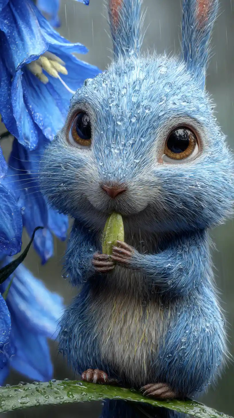 Tiny blue creature sheltering under a tall blue flower