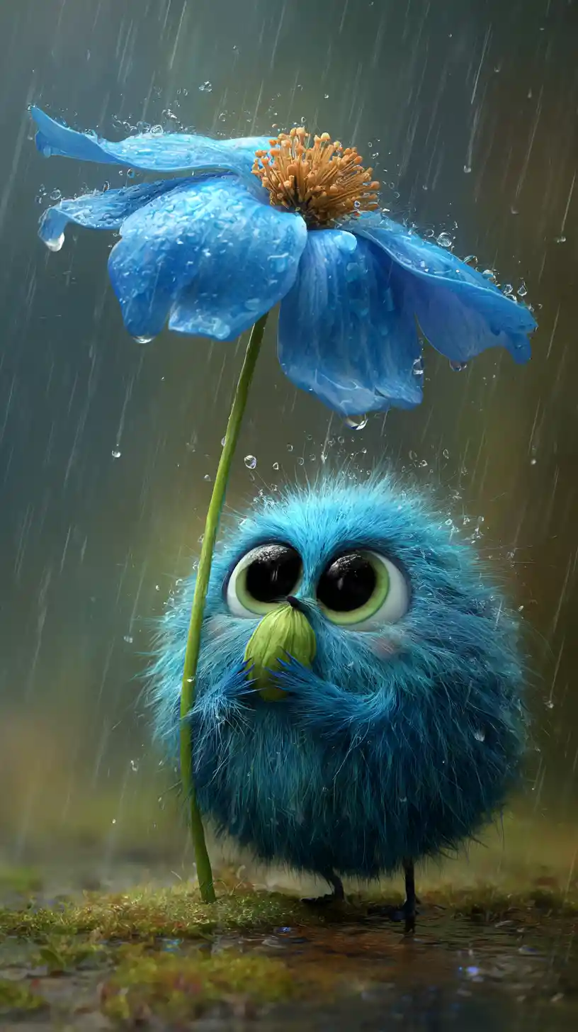 Cute blue creature sheltering under a flower in rain