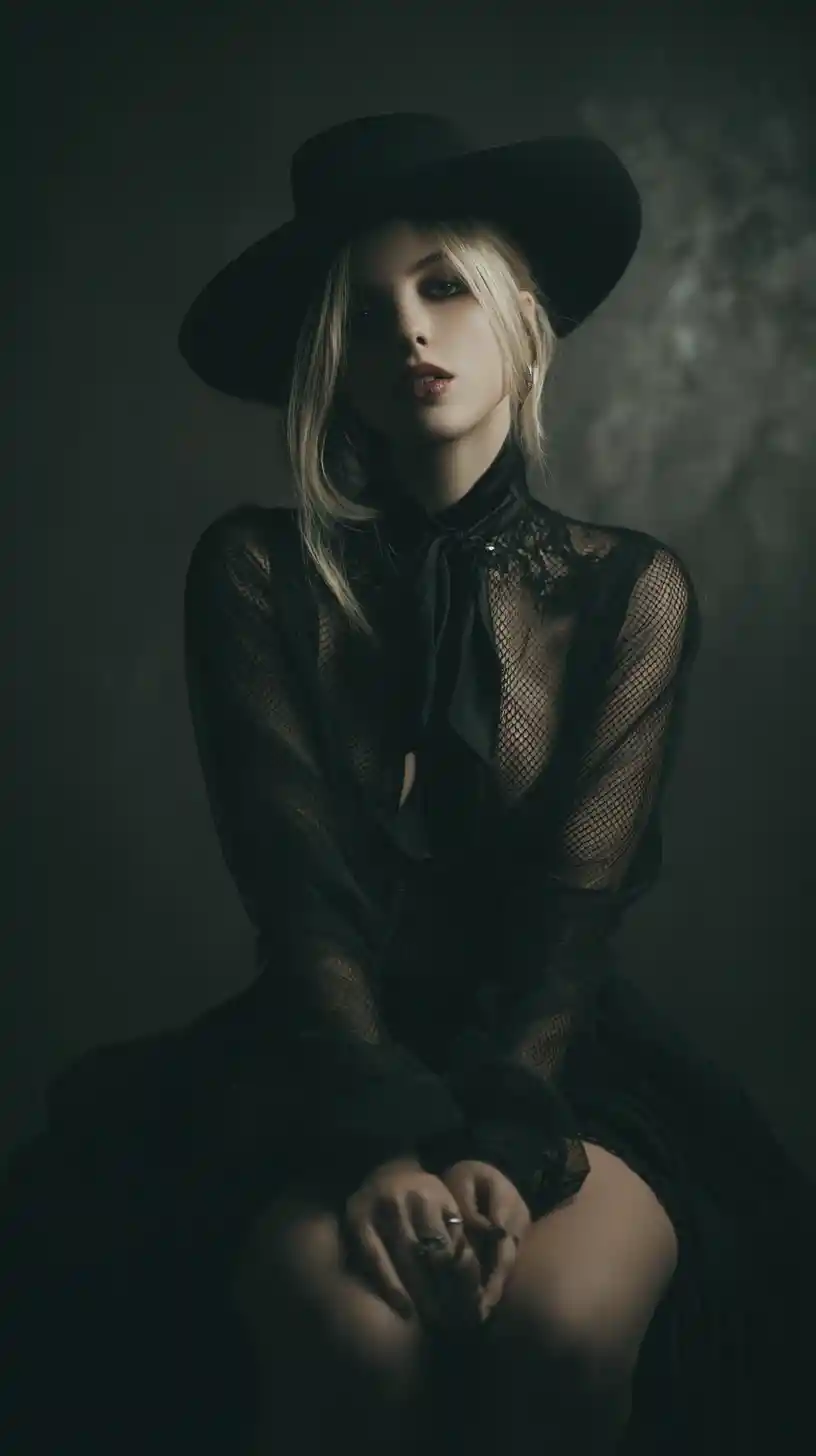Mysterious femme fatale with dark elegant presence