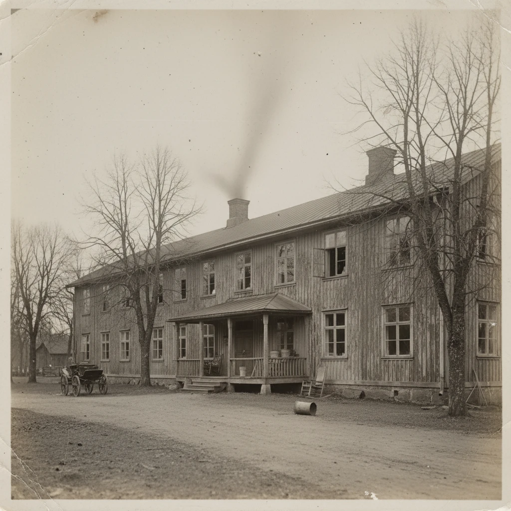 Vintage Swedish hospital hallway in worn sepia photograph