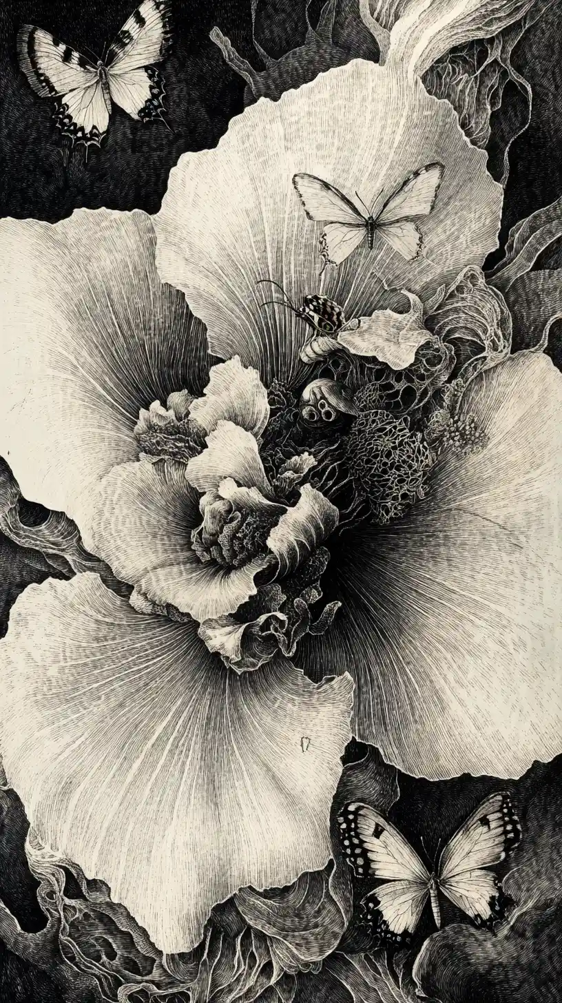 Surreal flower transforming into hidden animal profiles