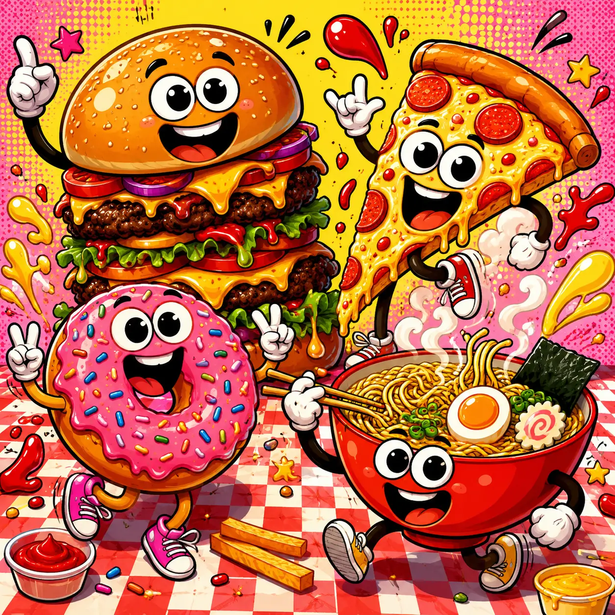 Dancing Cartoon Fast Food Characters In Bright Colors