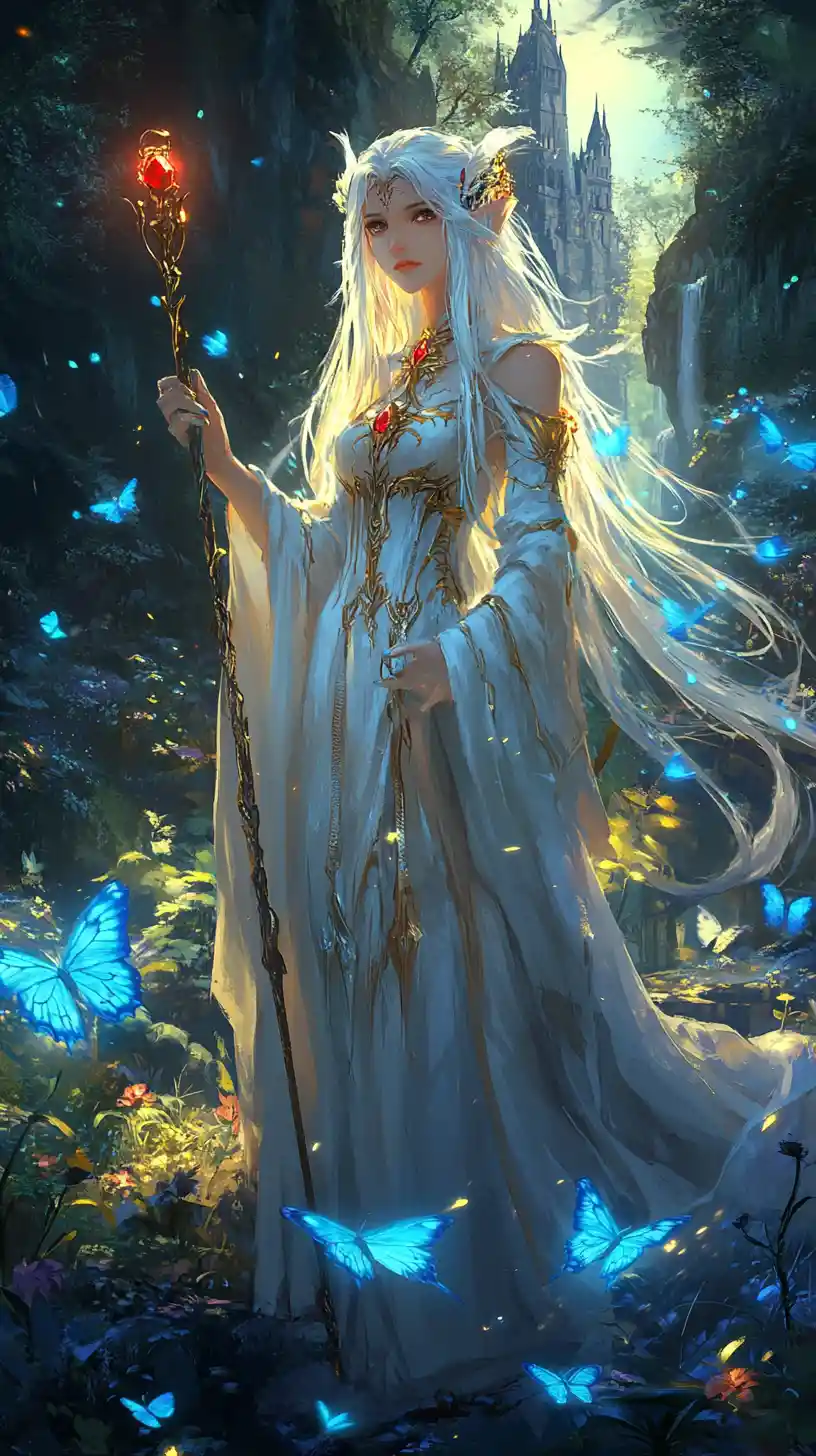 Elven mage with silver twin tails in a glowing forest