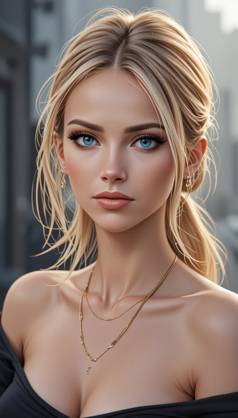 Blonde woman in black top with blue eyes portrait