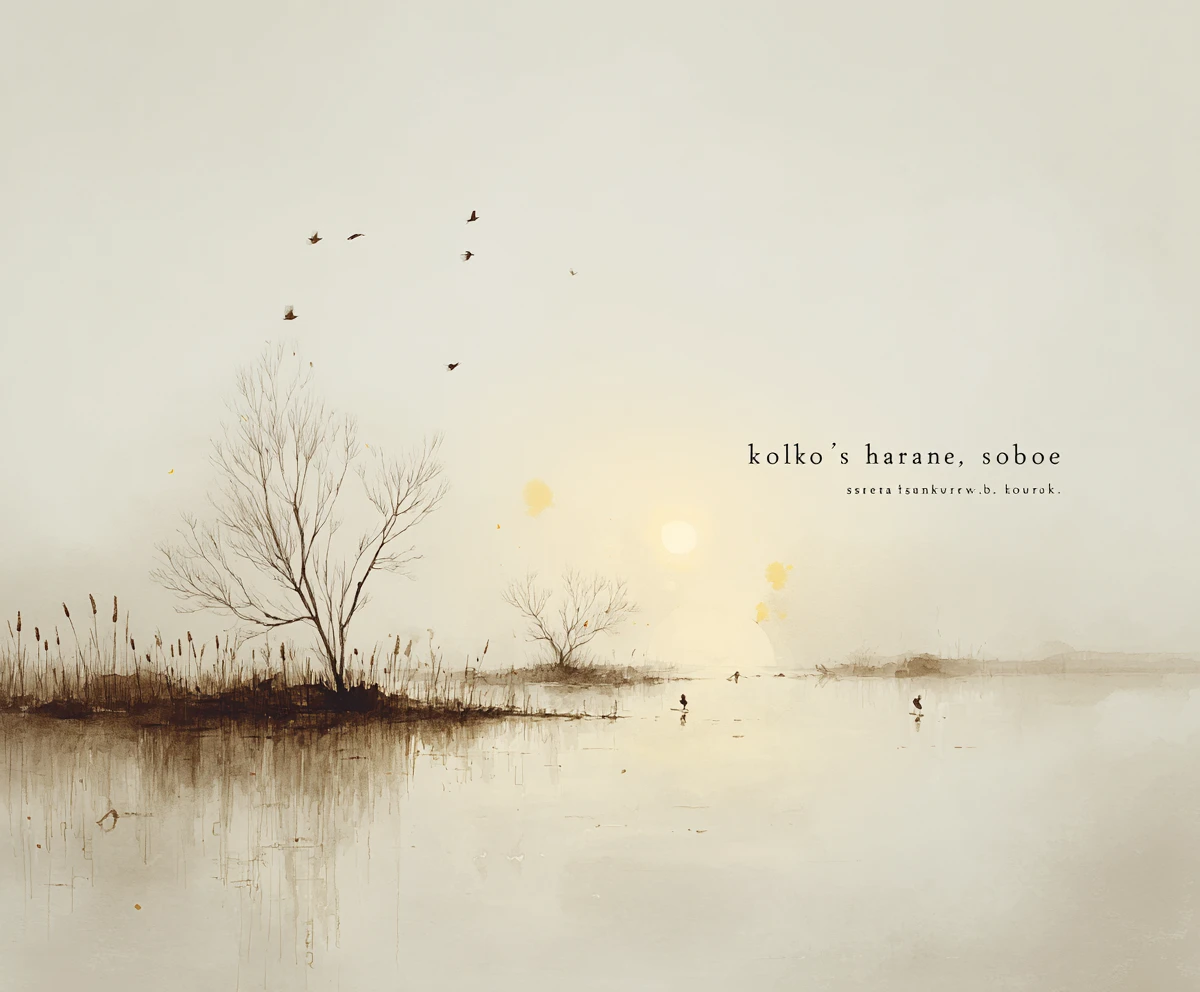 Minimal lakeside silhouettes in soft foggy watercolor dreamscape