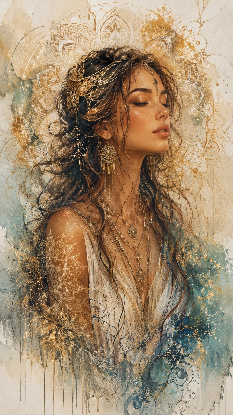 Boho mandala woman with flowing sketch and airbrush colors