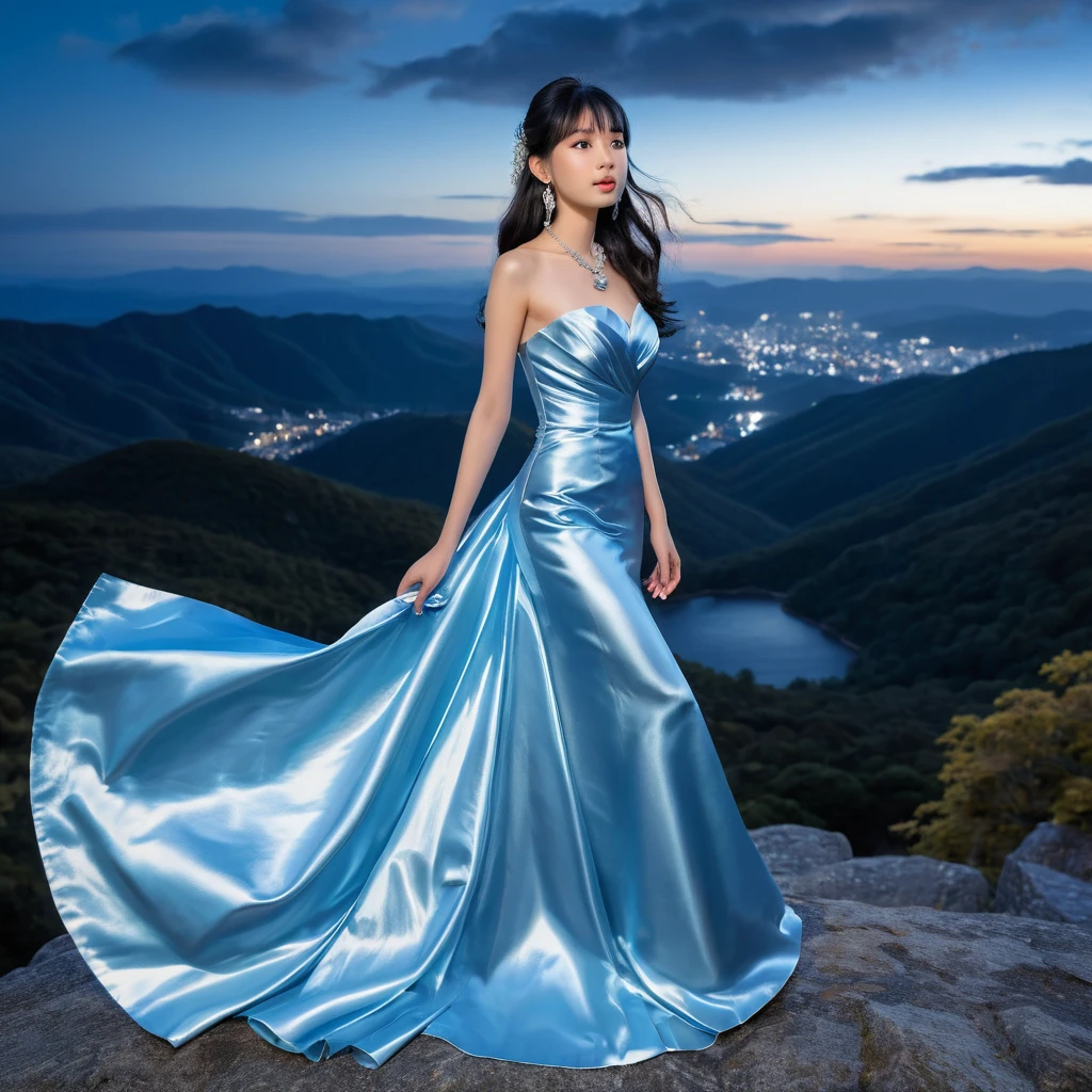 Elegant girl in blue satin gown on a night mountain