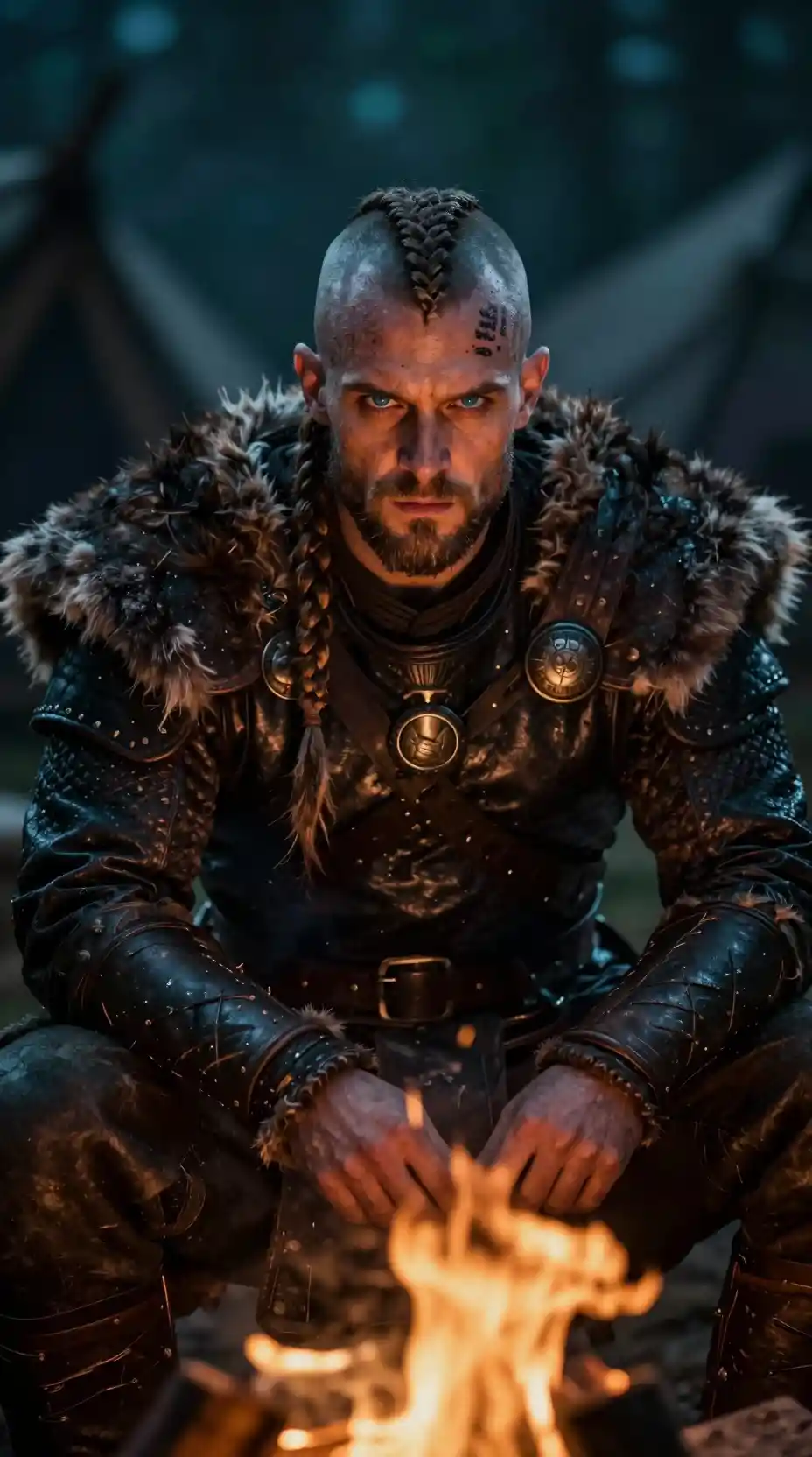 Brooding viking warrior by campfire in cinematic portrait