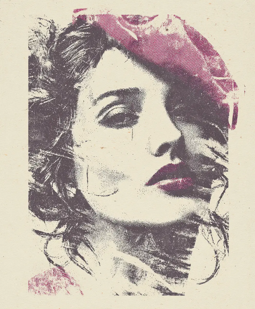 Woman in raspberry beret in bold halftone illustration
