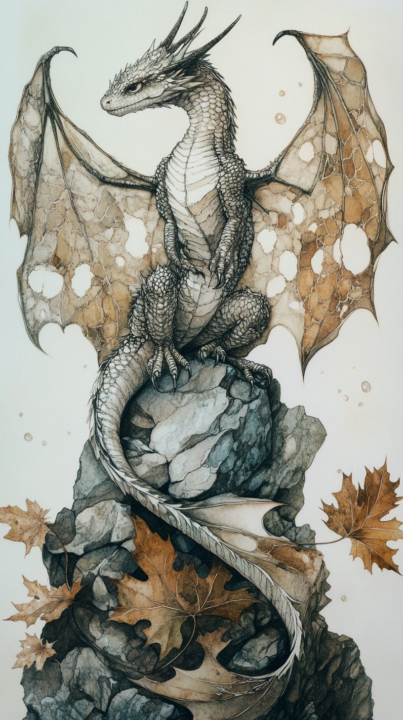 Tiny ancient dragon with leaf wings on fractured stone