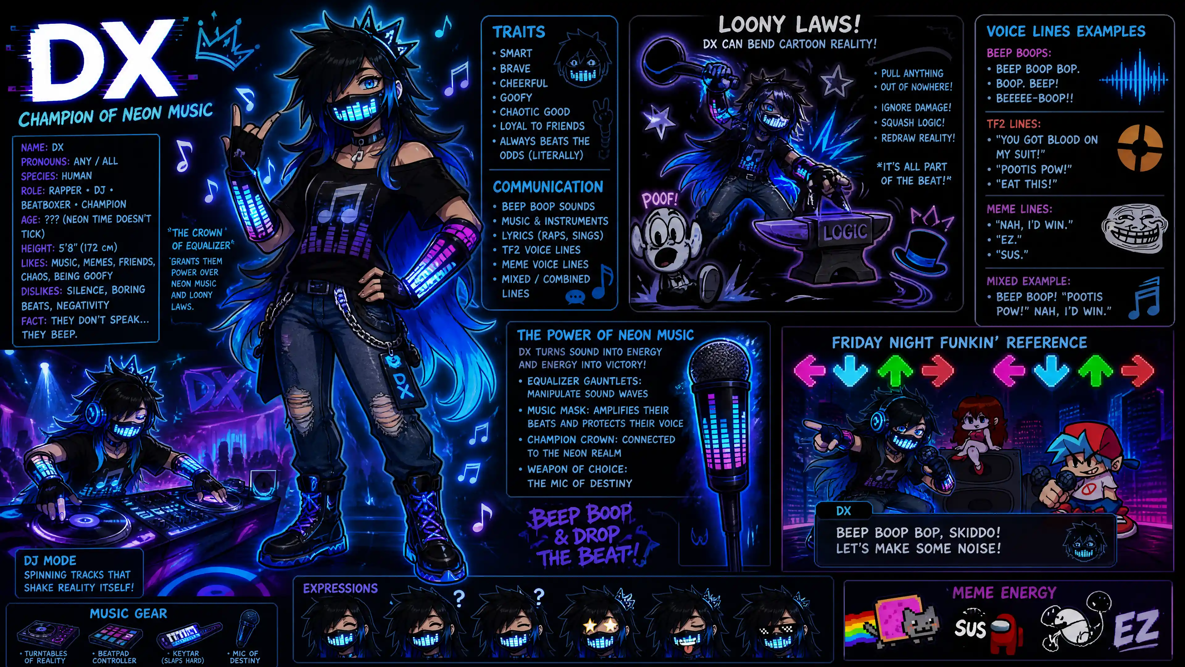 Neon masked musician with long black and blue hair