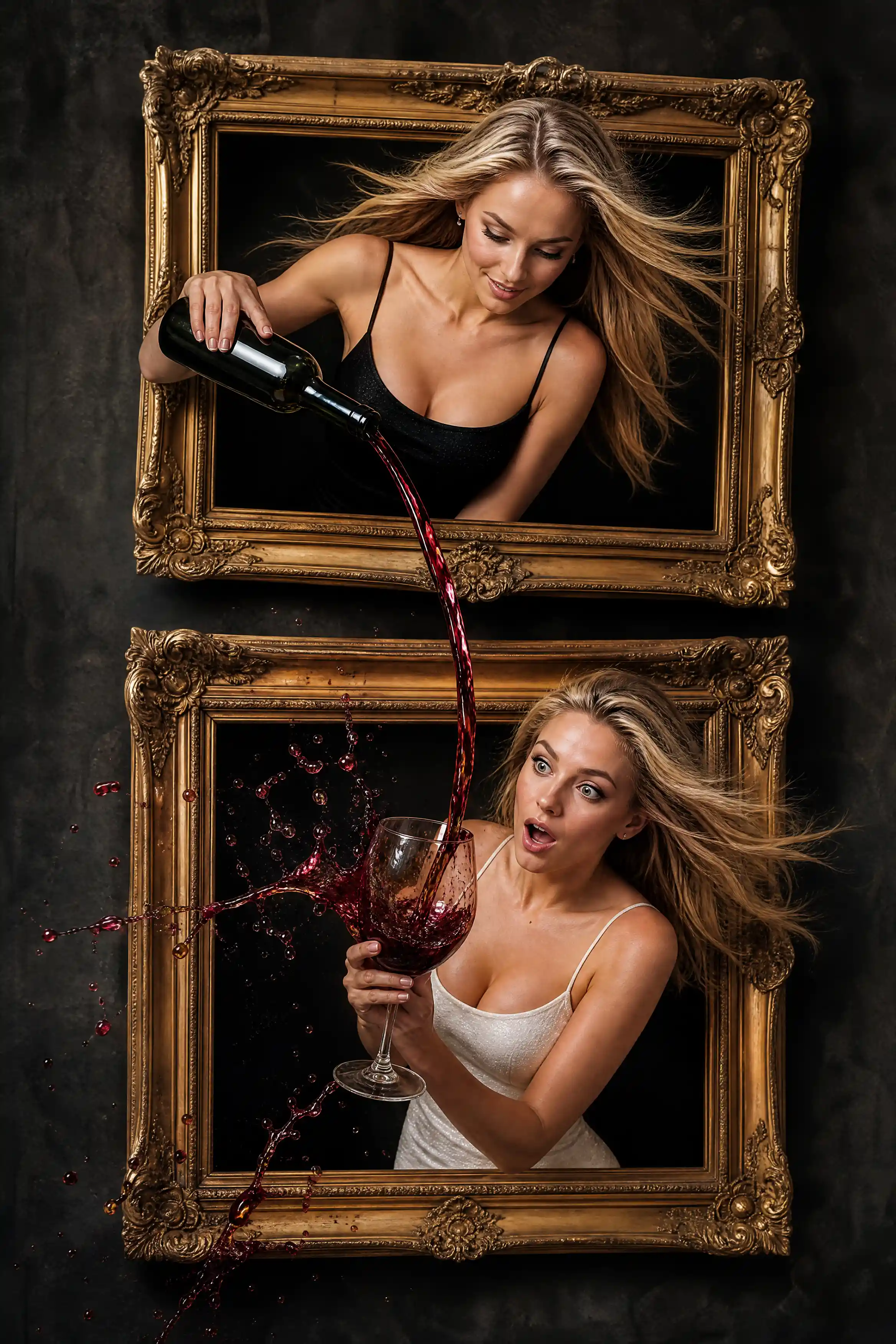 Surreal double portrait of a woman pouring vibrant red wine